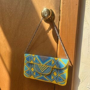Blue and Yellow Geometric Beaded Clutch